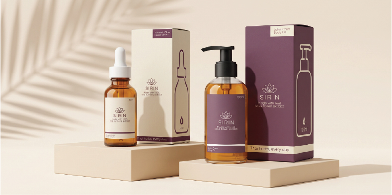 ผลิตภัณฑ์ SIRIN Facial Serum และ Body Oil พร้อมบรรจุภัณฑ์